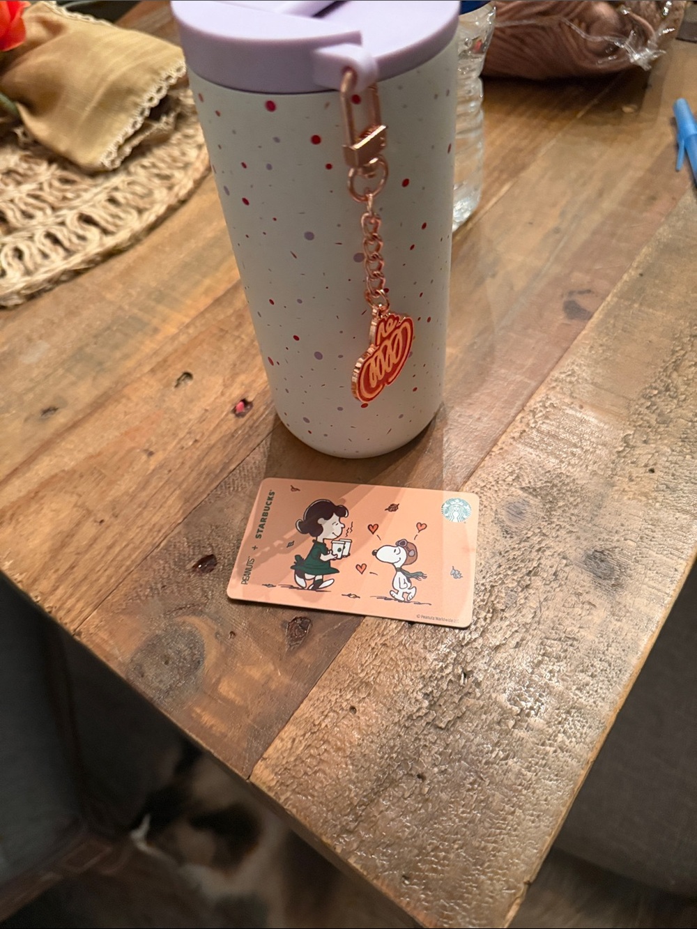 PSL Starbucks Lavender and White Confetti Tumbler with Rose Gold Charm and gift